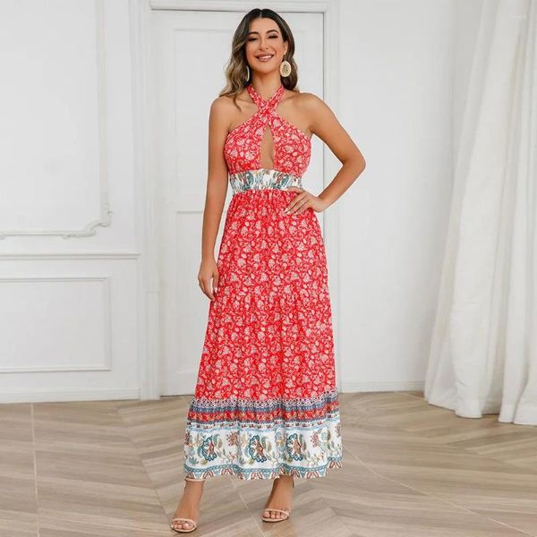 Vestidos casuais Sexy Backless Halter Wrap Women Long Dress 2024 Moda Bohemian Print Retro Party Summer Swing maxi vestidos