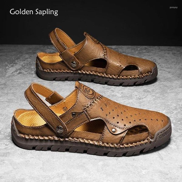 Sandalet Altın Fidan Erkekler Yaz Ayakkabı Moda Plajı Retro Stil Konforlu Deri Daireler Çıngırak Ayakkabı Erkekler İçin Günlük Sandal