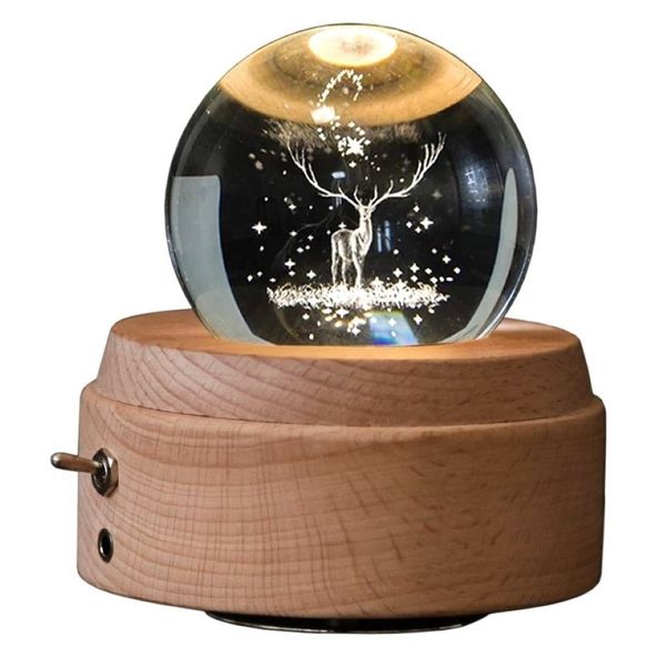 3D Crystal Ball Music Box The Deer Luminous Roting Musical com projeção LED LUZ 220331225I