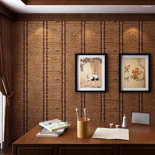 Tapeten Chinese Retro Holz Getreide Tapete Imitation Stroh Japanisches Restaurant Wohnzimmer Schlafzimmer Wallpapier braune Wandbedeckung