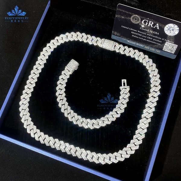 Jóias de joias sofisticadas gelo de 12 mm VVs Moissanite Classic Cuban Link Chain Hip Hop Sterling Sier Diamond Bracelet colar