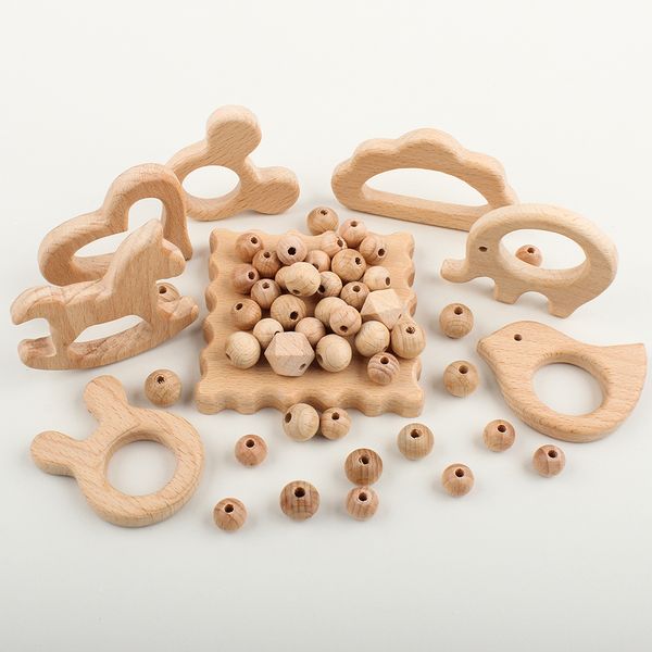 31pcs hölzerne Perlen natürliche Buchenholz Holz Teether -Baby -Kinderspielzeug für Schnullerketten Armband Halskette machen Brustwarzenzubehör machen