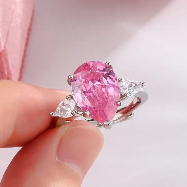 Anelli a grappolo Bellissimi 925 Silver Plaked Women's Ring Fashion Big Shiny Pink