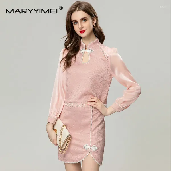 Повседневные платья Maryimei Fashion Women's Stand-Up воротник фонарь с длинными рукавами жаккардовый бриллиант в китайском стиле Весенний лето мини-платье