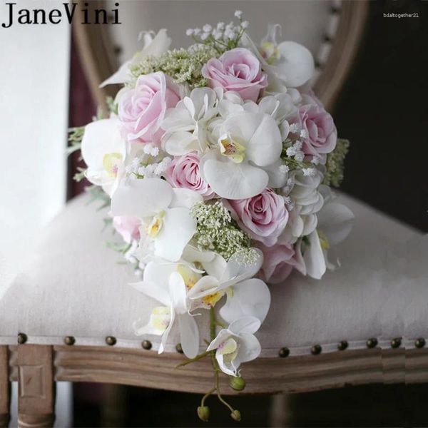 Hochzeitsblumen Janevini Weiß rosa Kaskade Braut Bouquet Künstliche Rosenmotte Orchideen Braut Blumenstrauß Fleur Mariage