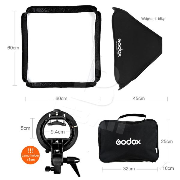 Godox 60 x 60 cm 24 * 24 -Zoll -faltbare Softbox -Kit mit S -Typ Klammer stabile Bowens Blitzhalterung für Kamera -Blitze