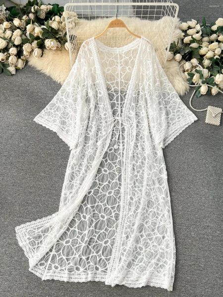 Magliette da donna Summer Beach Beach Long Cardigan Women Lace Sheer Lace-up Mediponi Oversize Coat Gone bohémien cardigans femminile