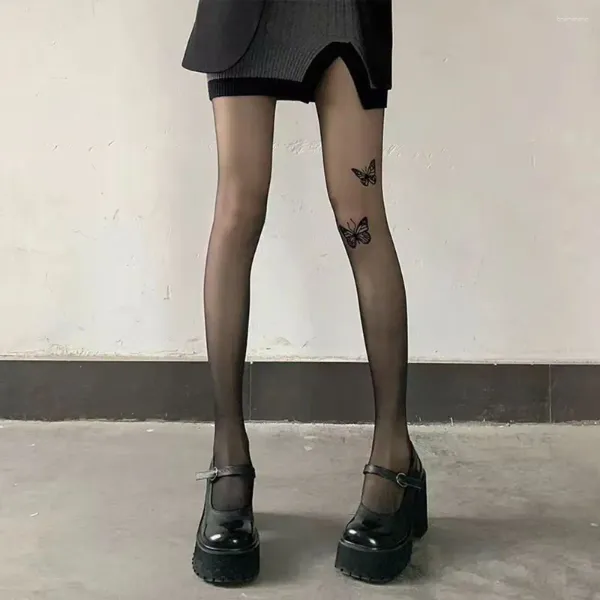 Mulheres meias finas meias de impressão de moda elástica padrão de borboleta sexy calcinha leggings preto seda lolita meias verão