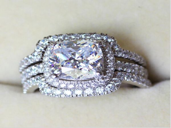 Victoria Wieck Kissen geschnitten 8mm Diamant 10KT Weißgold gefülltes Liebhaber 3in1 Verlobungs Ehering Set SZ 5119382644