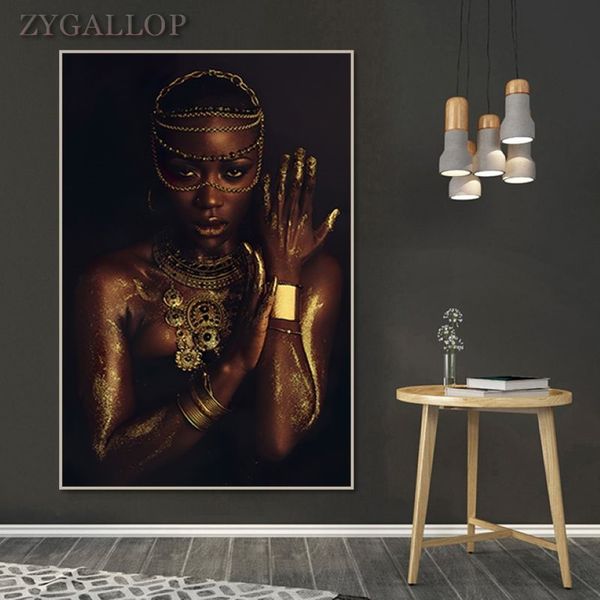 Afrikanische Frau Poster und Drucke Schwarz -Gold -Frauenölmalerei an der Wand Moderne Kunst Canvas Bild für Wohnzimmer Cuadros2374