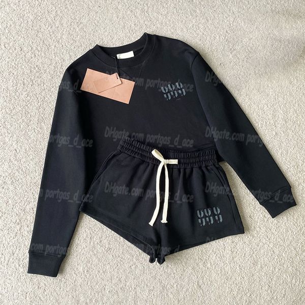 Letter Women Black Hoodie Shorts Definir luxo de manga longa trajes de tracksuits elásticos da cintura shorts roupas