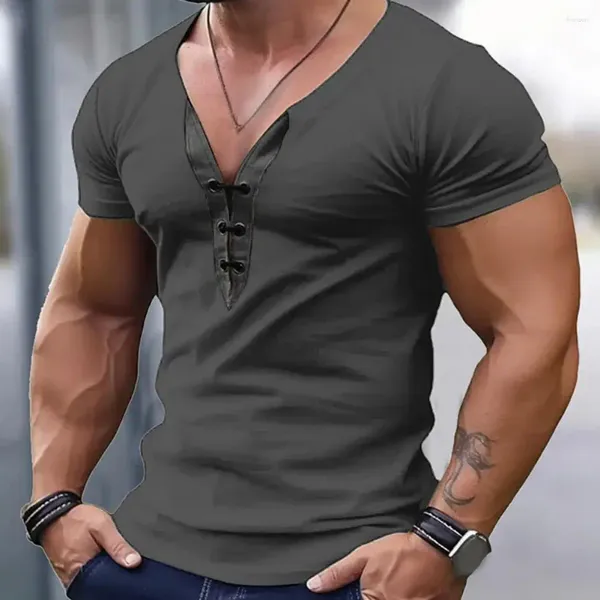 Camisetas masculinas Top Slimtting Top Stylish V Lace Up T-shirt Para Summer Casual Wear Slim Fit Rushable Pullover de cor sólida