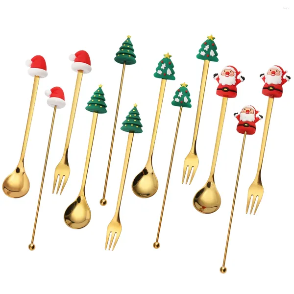 Kaffeeschaufel 3PCS Gold Löffel Set Edelstahl Rührer Dessert Gabel mit Weihnachtsbaum Santa Claus Hut Kopf