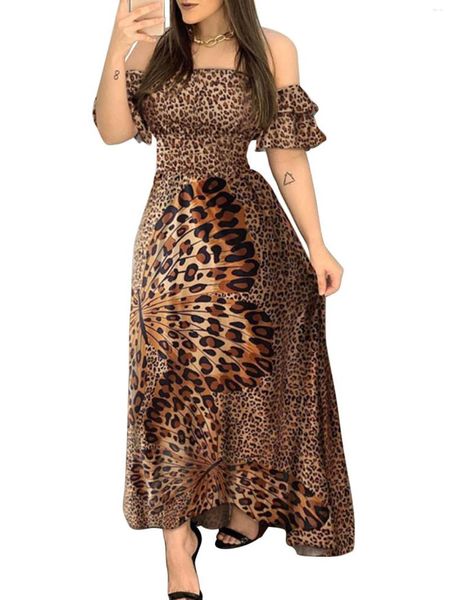 Vestidos casuais senhora moda moda sexy vestido comprido mulheres fora de ombro de manga curta vestido babado de leopardo padrão de borboleta