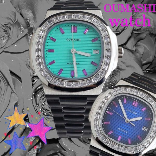 Armbanduhren OUMASHI NH35 MEN'S WATCH ICE Blue Diamond Automatische mechanische Saphirglas 10Bar wasserdichte NH35A