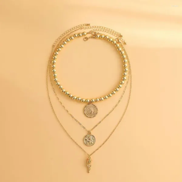 Ketten mehrschichtige Anhänger Halskette geschichtetes Münzpullover für Frauen Dreischichtiger Perlenketten Metallschmuckzubehör für Frauen