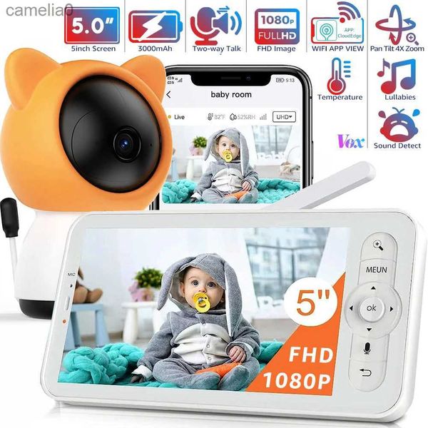 Babyphonitore 5-Zoll-WLAN-Babyphone mit mobiler Anwendung 4x Zoom 1080p Nachtsicht Zwei-Wege-Anruf Elektronisches Baby Telefon 3000mAh Akku TF Card Storagec240412