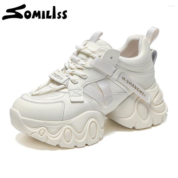 Lässige Schuhe Somiliss Chunky Sneaker für Frauen Mikrofaser Leder -Netz Patchwork Runde Zehen Frühling Sommer Mode Non Slip Platform Shoe