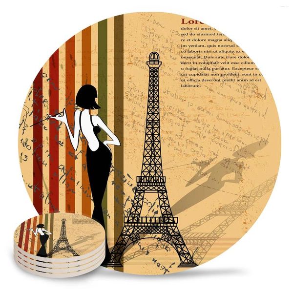 Tapetes de mesa Eiffel Tower Woman Retro Style Round Coffee Kitchen Acessórios absorventes montanhas -russas de cerâmica