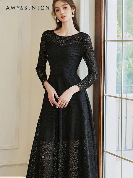 Lässige Kleider High-End Elegant anmutiger Abendkleid Mode Spitzennähte Midi 2024 Frühling Exquisit Slim Large Swing Schwarz