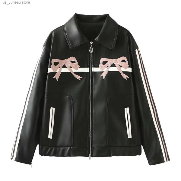 Jackets femininas Novas mulheres Swt Cool Bow Retro Black Leather Jacket para mostrar sua figura sexy T240412