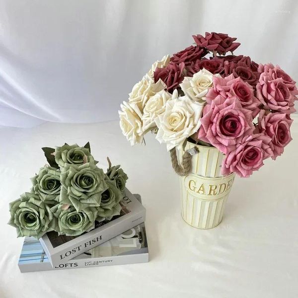 Flores decorativas Bar artificial barra de seda Roses de buquê Decoração de mesa de jantar branca planta de rosa Flor falsa