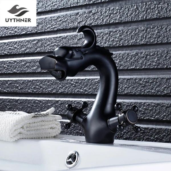 Torneiras de pia do banheiro Uythner Brogbed Bronze Dragon Type Basin Faucet Mixer Tap com duas alças