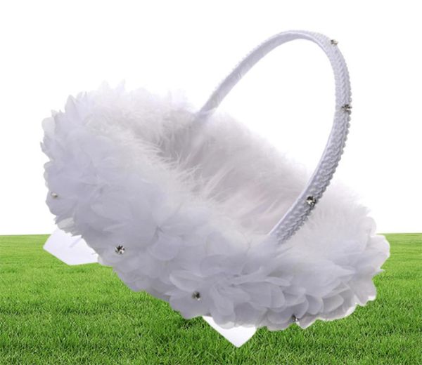 Weiße Strauße Feder Blumenmädchen Korb Elegante Spitze Strassbraut Blumenkorb Hochzeit bevorzugt Hochzeitszubehör9424060