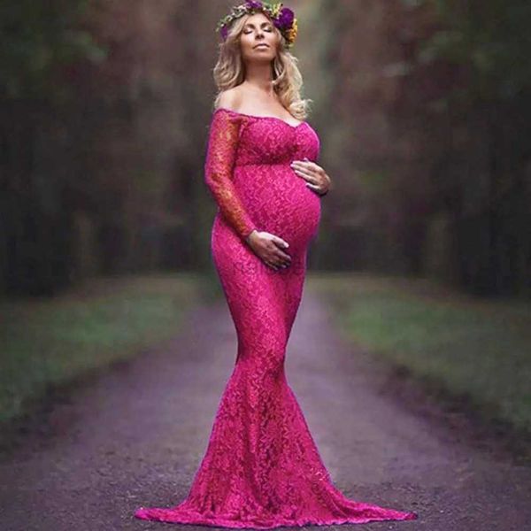 Mutterschaftskleider Frauen rundte Blumenspitze Mutterschaft Fotografie Requisite Langarm Maxi Kleid ausgefallene Hochzeitsschwangerschaftskleid Babyparty Fotoshooting 240412