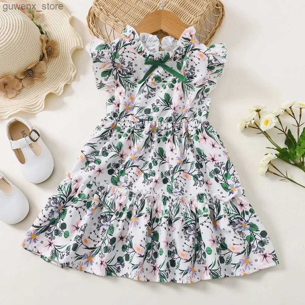 Mädchenkleider Sommerblumenkleid für Kinder im Alter von 1 bis 6 modisch ärmellose Kleid für Babys mit Bogendesign Casual Kleid für junge Mädchen Y240412Y2404172GAT