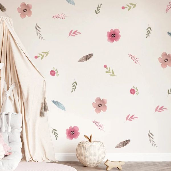 Fiori rosa creativi Boho Feather Adesivi da parete Piante floreali fogliari decorazioni artistiche da parete per ragazze abiti da letto da letto