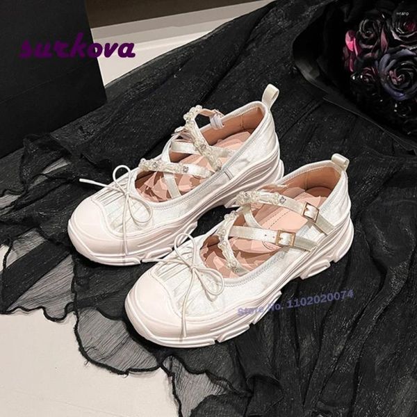 Kleiderschuhe weiße Perle Ballett Tanz Patchwork Knoten Front-Straße weiche Sohle flache Frauenpumpen Solid Summer Mary Jane Hollow