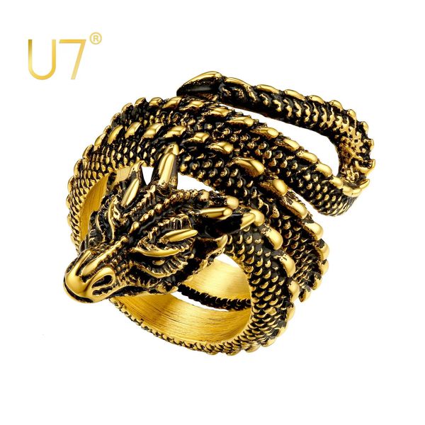U7 anéis de dragão de aço inoxidável para homens jóias punk preto retrô de 18k cor dourada vívida animal cheia de cabeça completa anéis240412