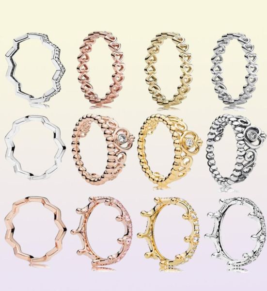 Новое 925 серебряное кольцо стерлингового кольца Classics Openwork Love Heart Princess Tiara Royal Crown Ring For Women Gif