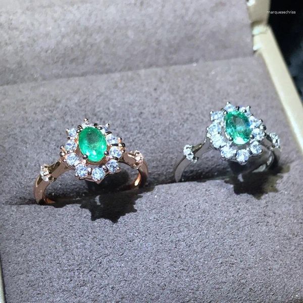 Anelli a cluster Trendy 1 CT Natural Colombian Emerald Regolare Anello per donne gioielli fine 925 Gift di fidanzamento della gemma argentata