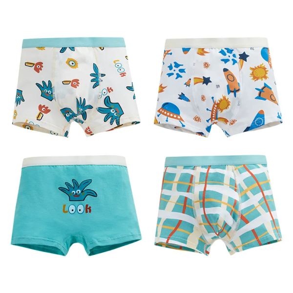 Shorts 4pcs / PCs Rouphe infantil Cartoon Rocket Rocket Shorts Roupa íntima menino infantil infantil boxer listra juvenil algodão