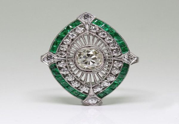 Antique Art Deco 925 Sterling Silver Emerald White Sapphire Floral Engagement Party Ring Dimensione Giorno Gift Day US 5 129763098