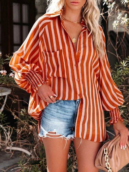 Kadınlar bluz gömlekleri 2023 Bahar Sonbahar Fener Slve Çizgili Gömlek Bluz Kadın Düğmeleri Gevşek Şal Örtükleri Zarif Plaj Bikini Örtü T240412
