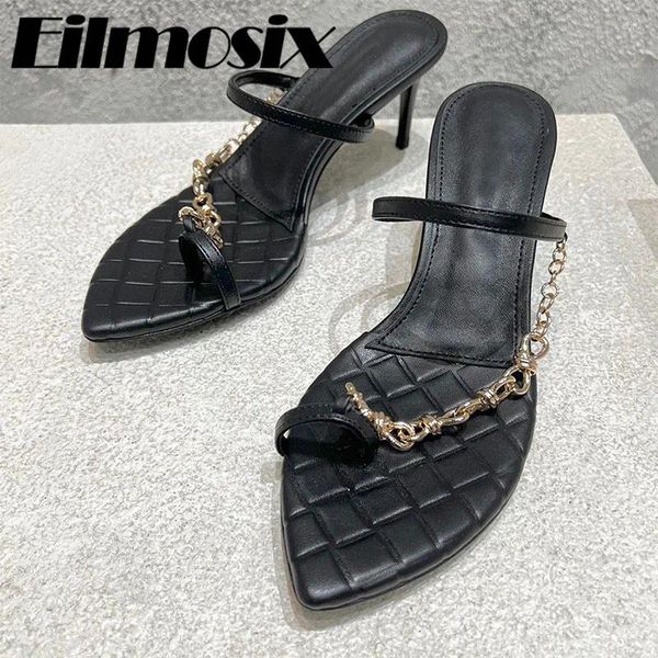 Pantofole 2024 sexy catena di metallo puntato Donne di punta di piedi peep tacchi sottili infrasoli fluvia