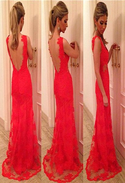 Imagem real Vestidos de Baile Apliques Corte os vestidos de baile de renda vermelha sem costas 2015 Elie Saab Long Mermaid Vestidos 7089123