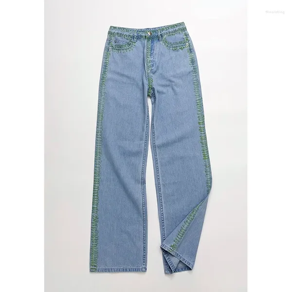 Frauen Jeans individuelle italienische Design künstlerischer Graffiti Green Pinsel Gemälde lässig hellblaues Waschbreite aus gerade