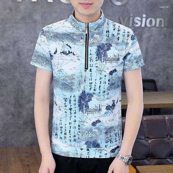 Camisetas masculinas Elementos chineses Imprima camisa sedosa para homens de manga curta Casual de qualidade de qualidade de qualidade zíper Slim Fit Camisetas De