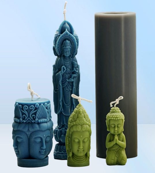Гуаньян Будда Статуя свеча Силиконовая плесень DIY Три лица, делая смола мыло, мыло, ремесленные принадлежности, домашний декор, 2207213169876
