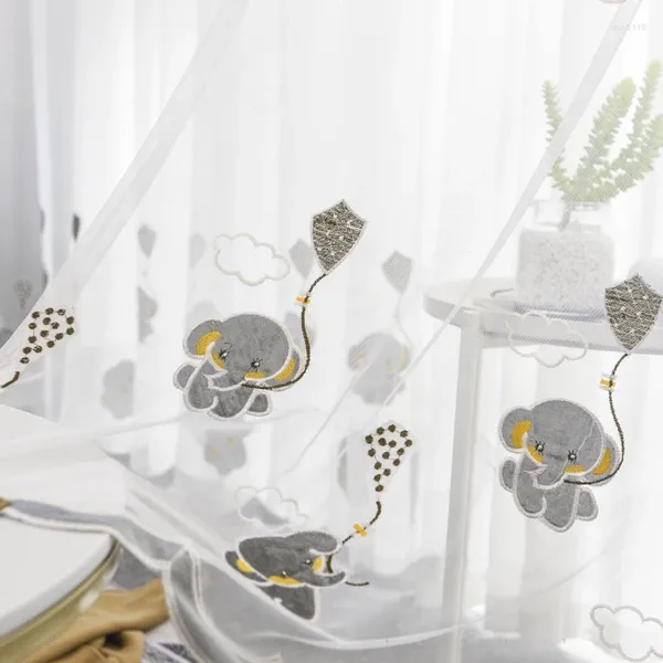 Vorhang süße weiße weiß gestickte Tüll Elefantenvorhänge für lebende Kinderzimmer Mädchen Schlafzimmer Cartoon Sheer Mode Voile Voile