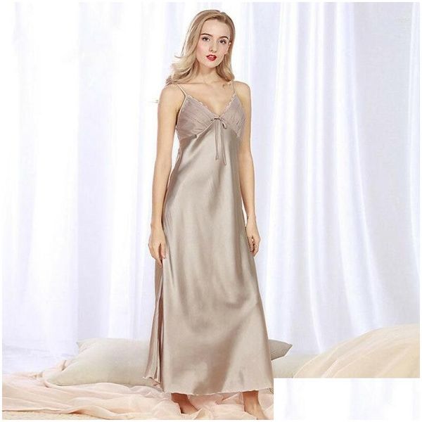 Abbigliamento da donna Sleep Ladies Y Faux Silk Satin Long Night Dress Nightleveless V-Neck Bow Night Strappy Nightdress Nightdress Nightwear Drop Drop Deli Dhsus