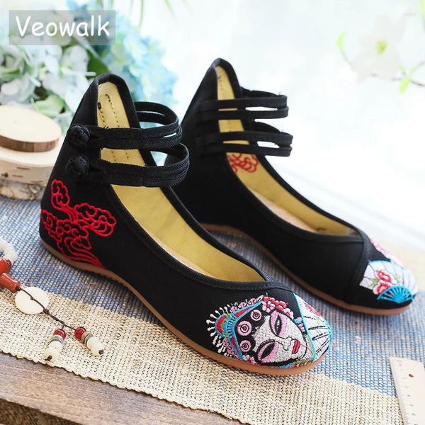 Scarpe casual Veowalk Pechino Opera da donna ricamato in tessuto di cotone piatti di balletto cinghia caviglia da donna elegante tela morbida piatta