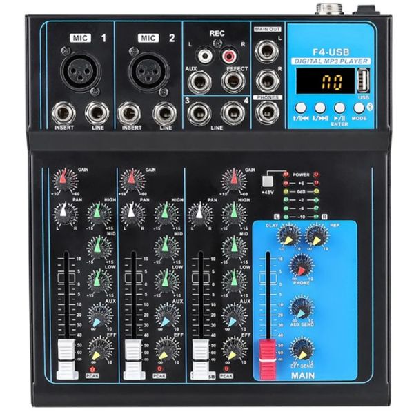 Микшер F4 4 Channel Audio Mixer Sound Professional Mixing Console с Bluetooth USB -записью 48V Phantom Power