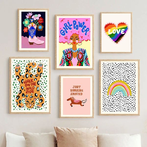 Mädchen Power Regenbogen Liebe Herzhunde Katzenpferd Stiefel Poster und Drucke Wandkunst Leinwand Malerei Wandbilder für Schlafzimmerdekoration
