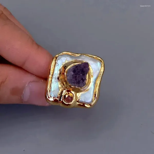 Clusterringe yygem! Natürliche 23mm lila Amethyst druzy frischwasser kultiviert weiß quadratische Perlenring Verstellbar