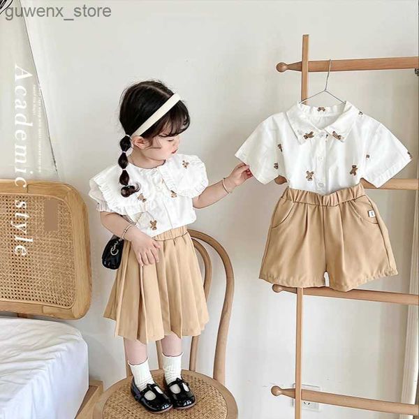 Одежда Suts Summer Family Matching Olding Boy Girl White Relate Bear Shirt +Shorts +юбка хлопковое костюм в стиле колледжа детская одежда Y240412